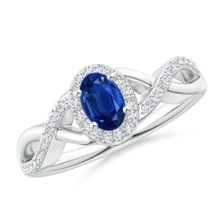 6x4mm AAA Oval Blue Sapphire Crossover Ring with Diamond Halo in White Gold