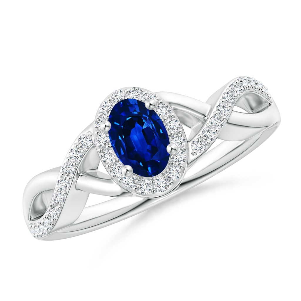 6x4mm AAAA Oval Blue Sapphire Crossover Ring with Diamond Halo in White Gold