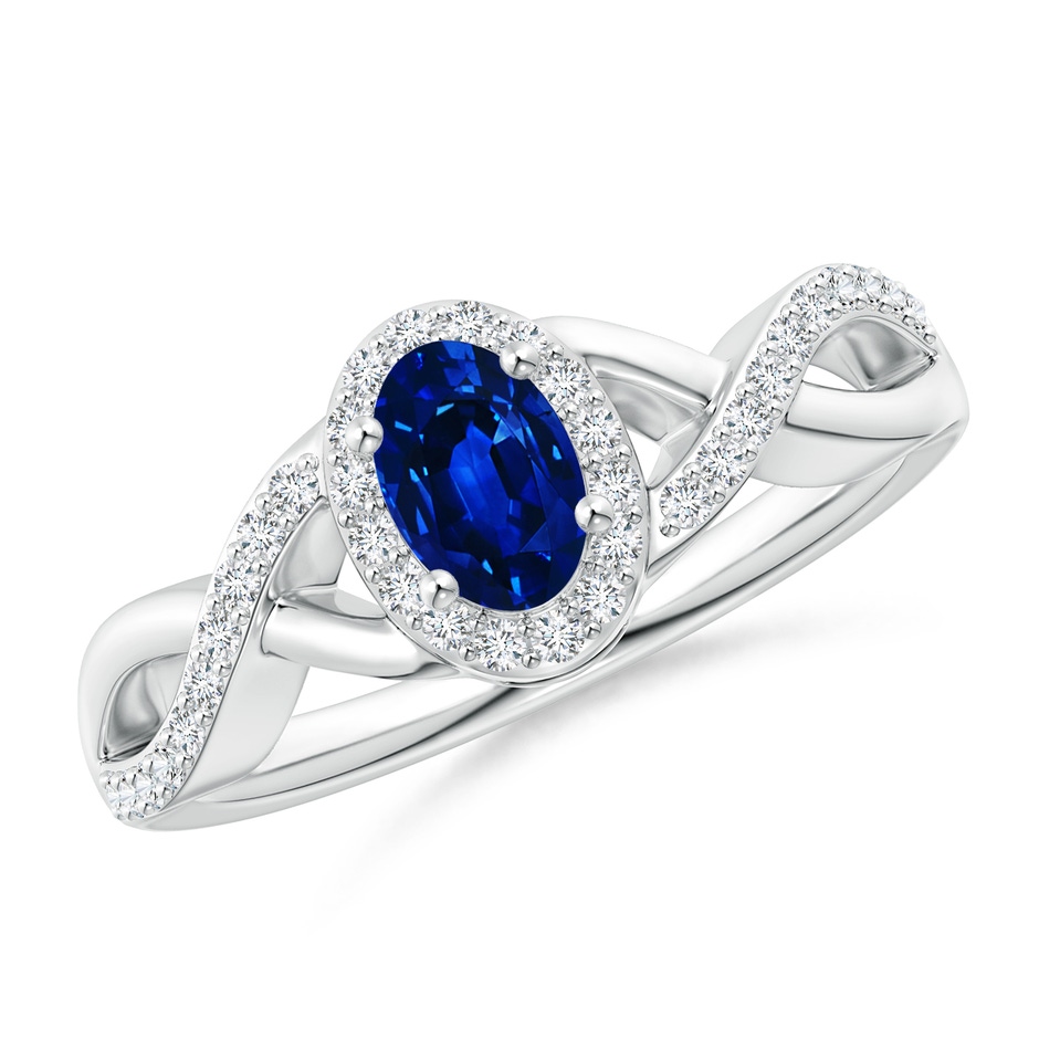 6x4mm AAAA Oval Blue Sapphire Crossover Ring with Diamond Halo in White Gold 