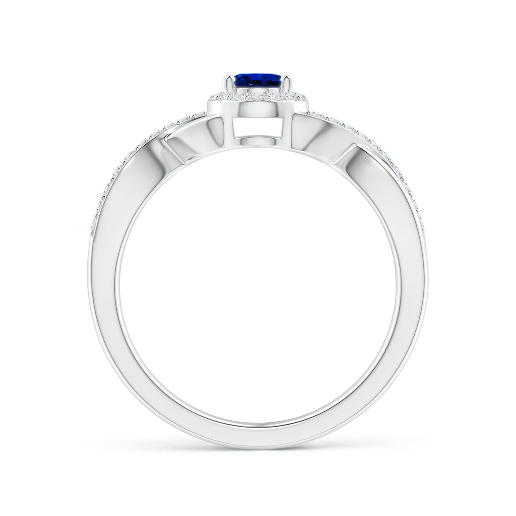 6x4mm AAAA Oval Blue Sapphire Crossover Ring with Diamond Halo in White Gold Side-1