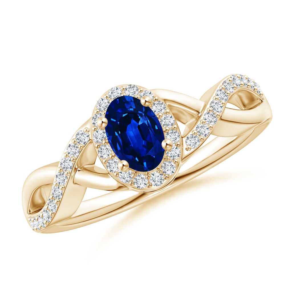 6x4mm AAAA Oval Blue Sapphire Crossover Ring with Diamond Halo in Yellow Gold