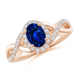 7x5mm AAAA Oval Blue Sapphire Crossover Ring with Diamond Halo in Rose Gold