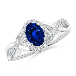 7x5mm AAAA Oval Blue Sapphire Crossover Ring with Diamond Halo in White Gold