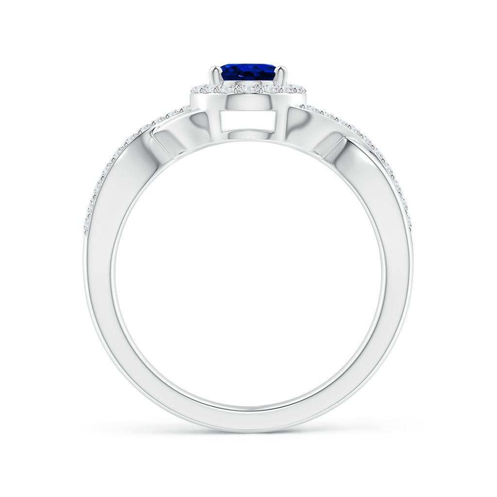 7x5mm AAAA Oval Blue Sapphire Crossover Ring with Diamond Halo in White Gold Side-1