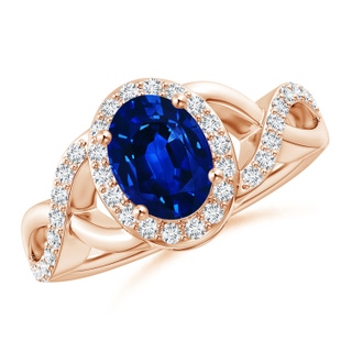 8x6mm AAAA Oval Blue Sapphire Crossover Ring with Diamond Halo in Rose Gold