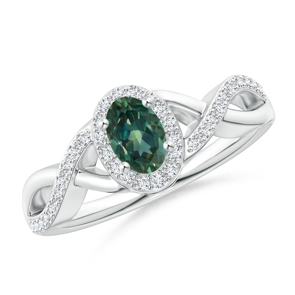 6x4mm AA Oval Teal Montana Sapphire Crossover Ring with Diamond Halo in P950 Platinum 