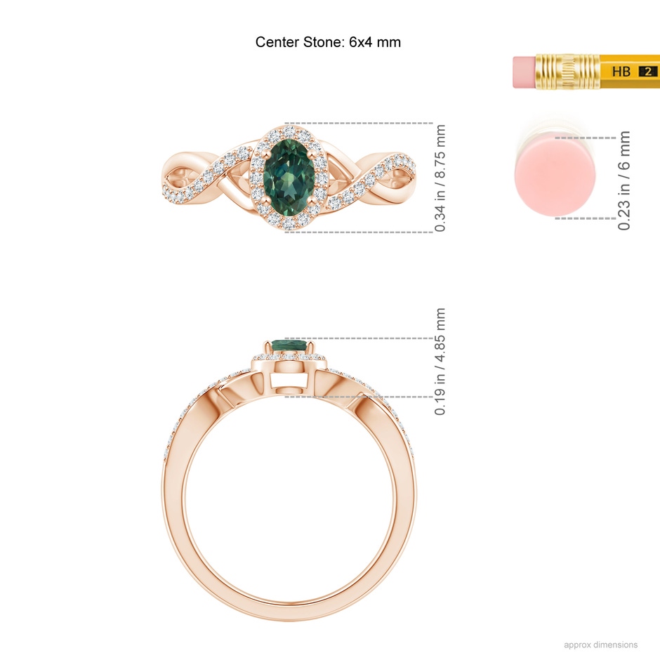 6x4mm AA Oval Teal Montana Sapphire Crossover Ring with Diamond Halo in Rose Gold ruler