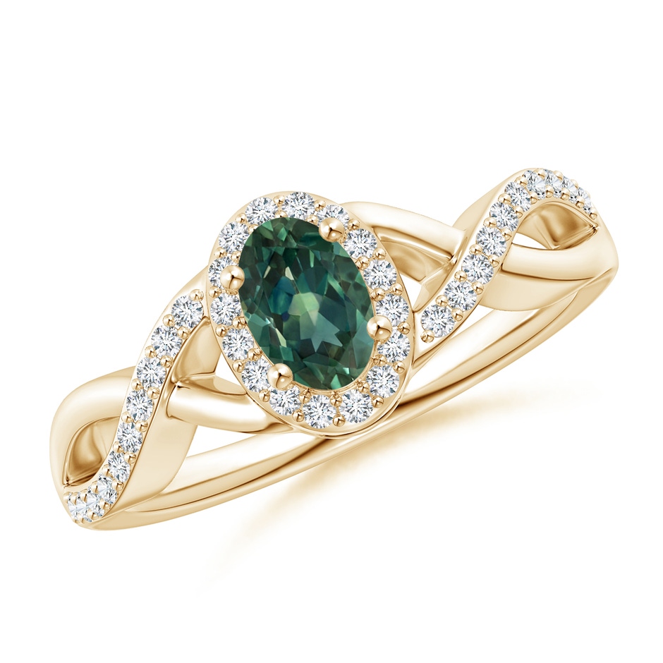 6x4mm AA Oval Teal Montana Sapphire Crossover Ring with Diamond Halo in Yellow Gold 