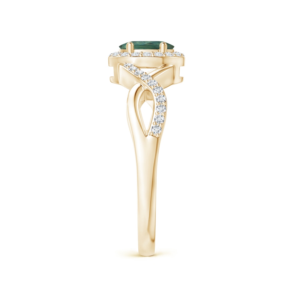 6x4mm AA Oval Teal Montana Sapphire Crossover Ring with Diamond Halo in Yellow Gold side 299