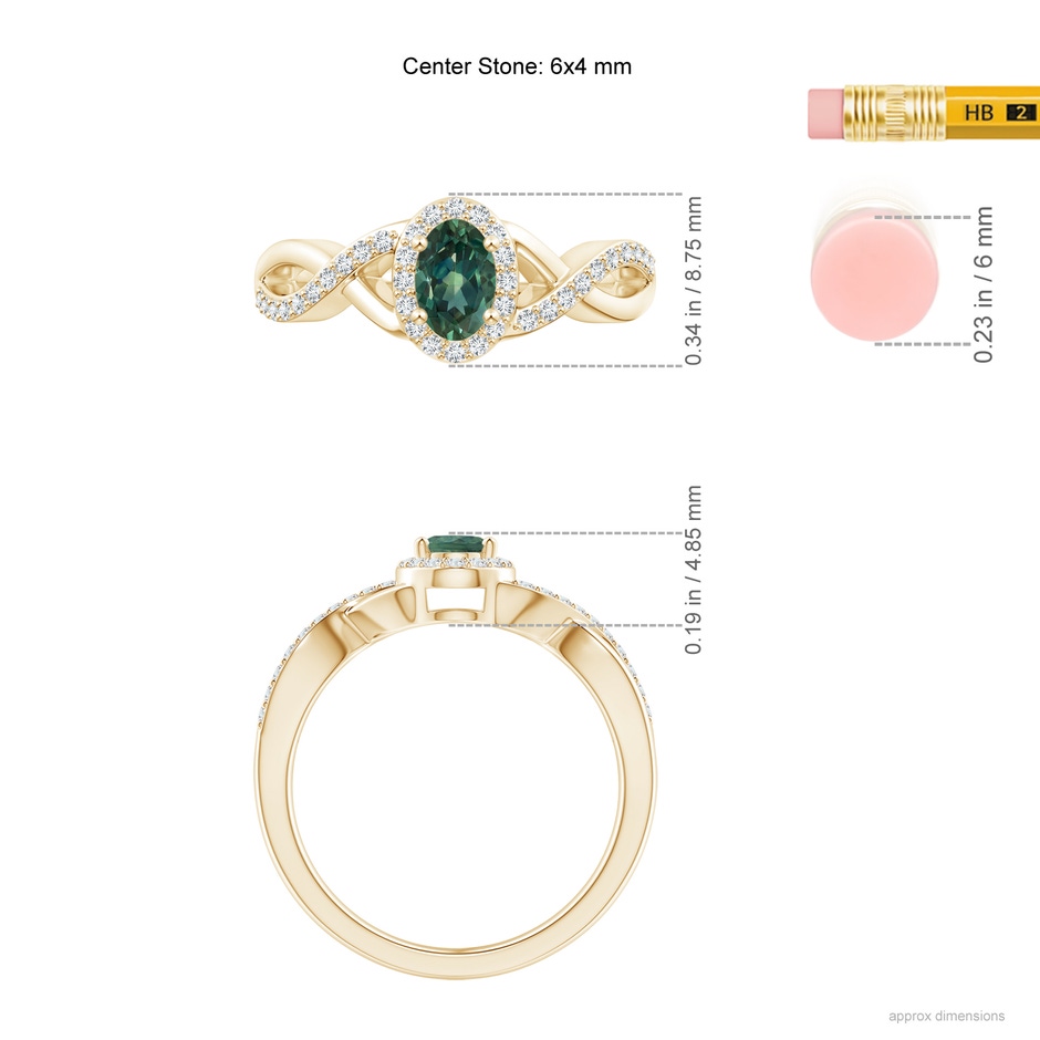 6x4mm AA Oval Teal Montana Sapphire Crossover Ring with Diamond Halo in Yellow Gold ruler