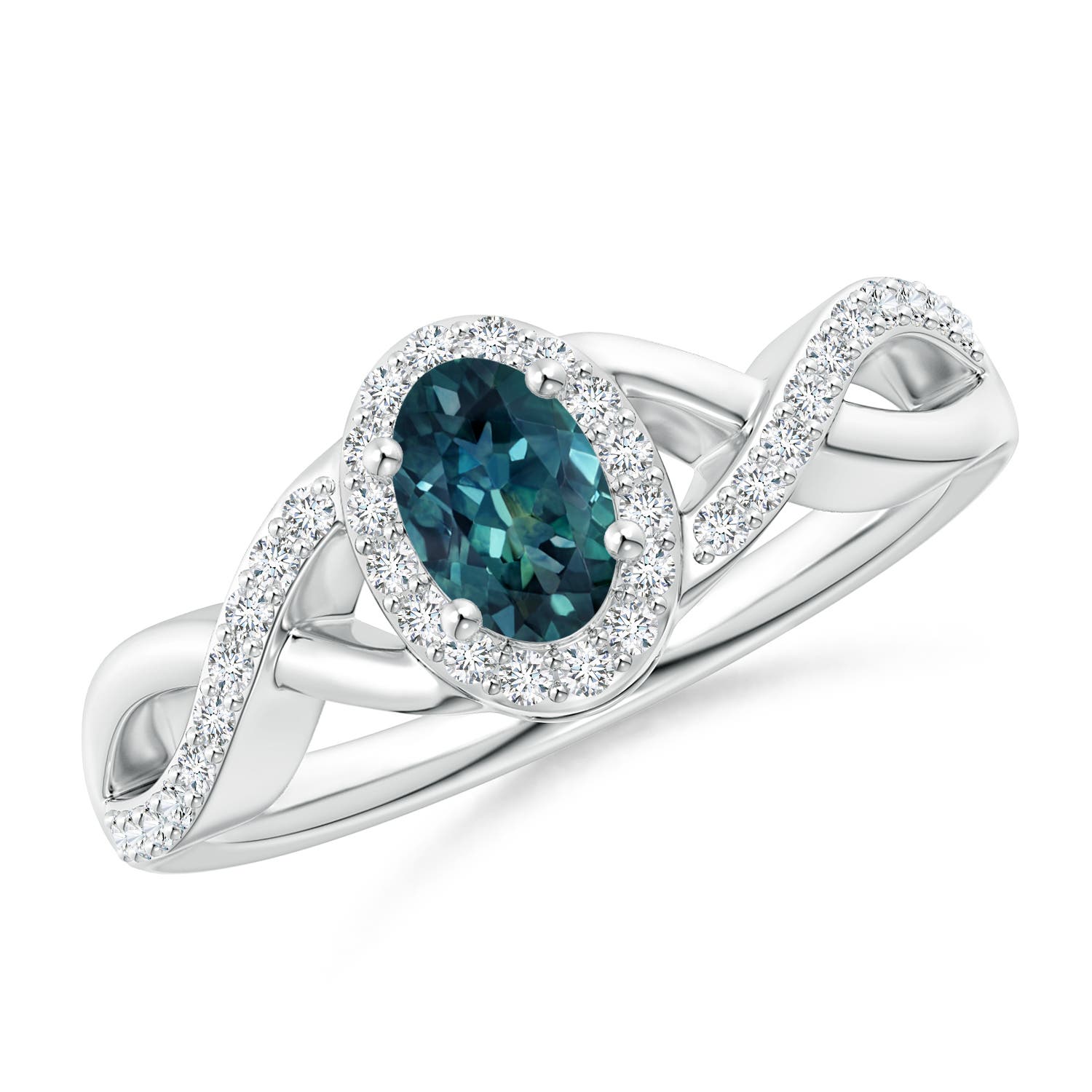 6x4mm AAA Oval Teal Montana Sapphire Crossover Ring with Diamond Halo in 18K White Gold