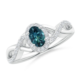 6x4mm AAA Oval Teal Montana Sapphire Crossover Ring with Diamond Halo in P950 Platinum