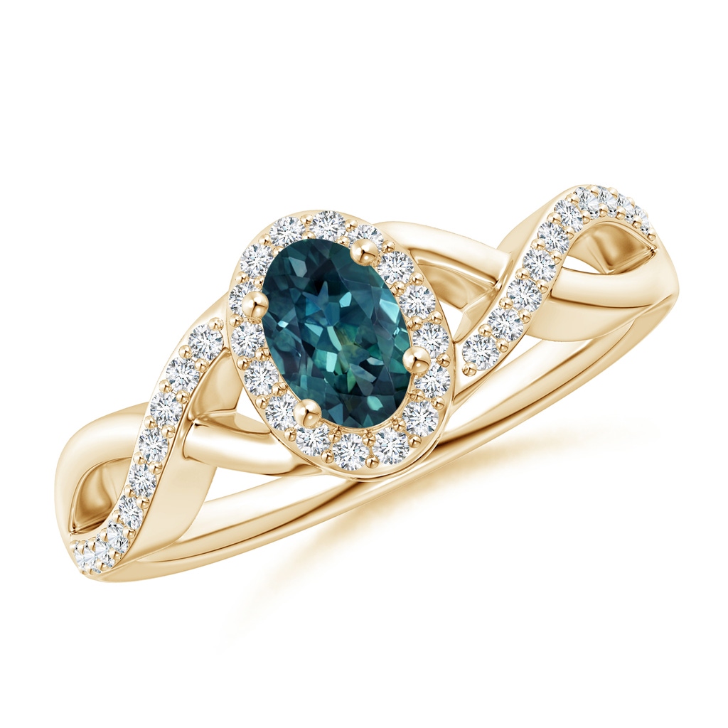 6x4mm AAA Oval Teal Montana Sapphire Crossover Ring with Diamond Halo in Yellow Gold