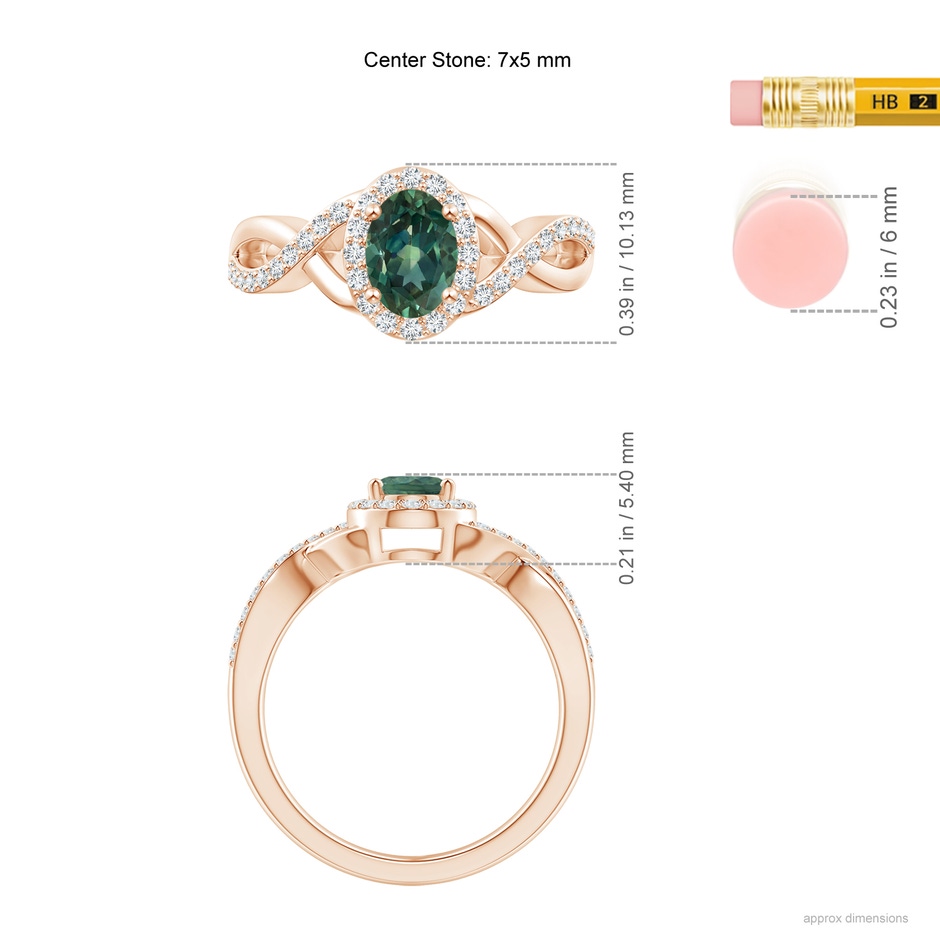 7x5mm AA Oval Teal Montana Sapphire Crossover Ring with Diamond Halo in Rose Gold ruler