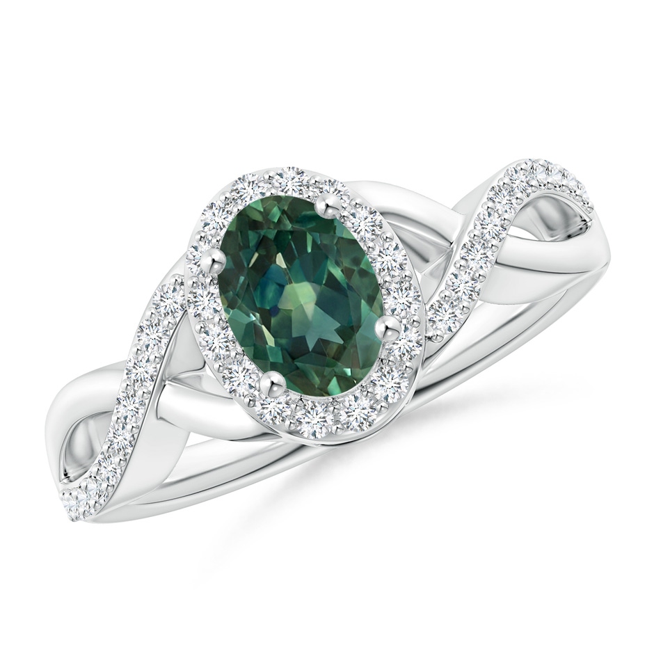 7x5mm AA Oval Teal Montana Sapphire Crossover Ring with Diamond Halo in White Gold 