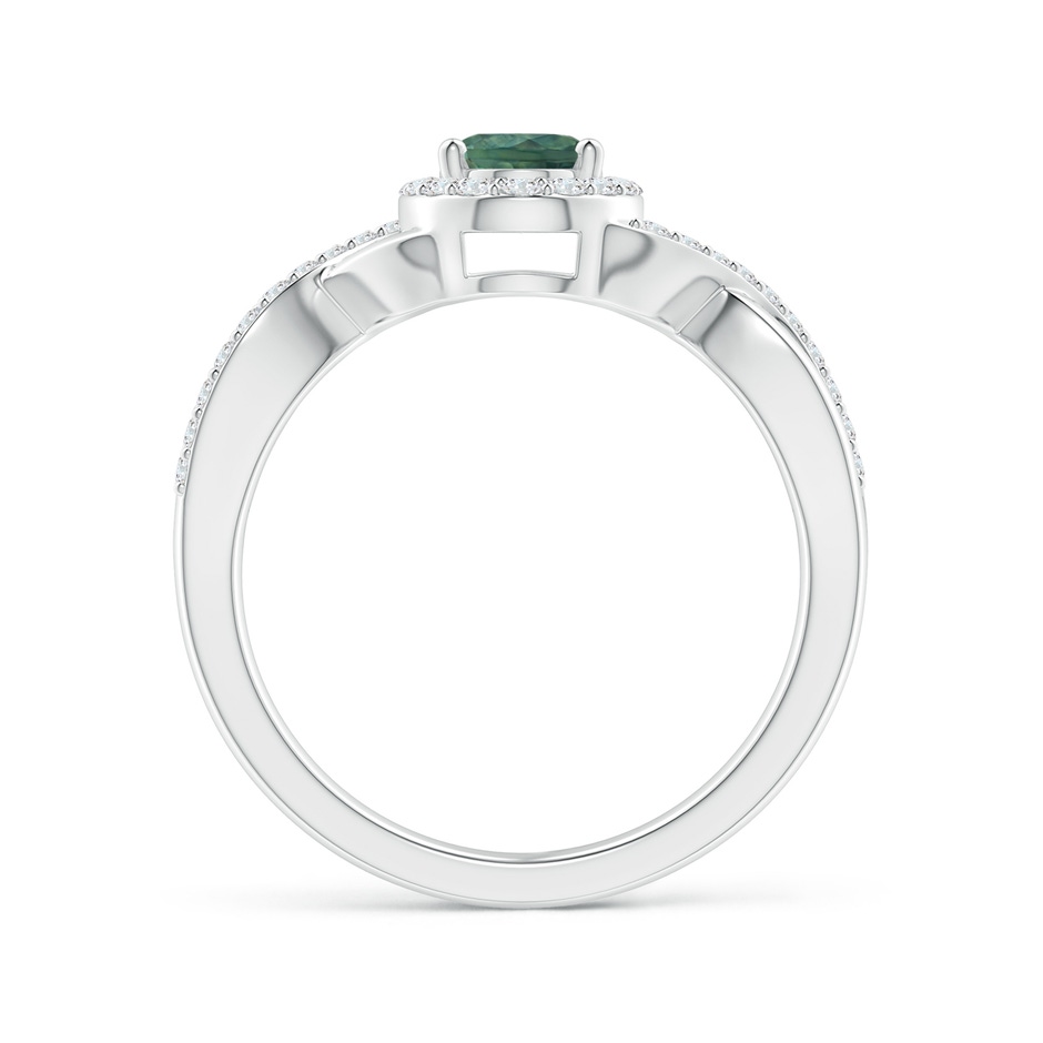 7x5mm AA Oval Teal Montana Sapphire Crossover Ring with Diamond Halo in White Gold side 199