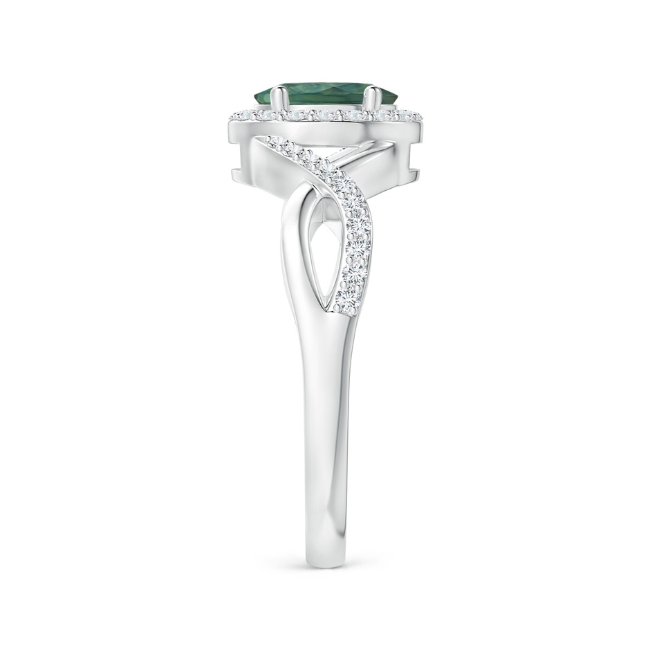 7x5mm AA Oval Teal Montana Sapphire Crossover Ring with Diamond Halo in White Gold side 299