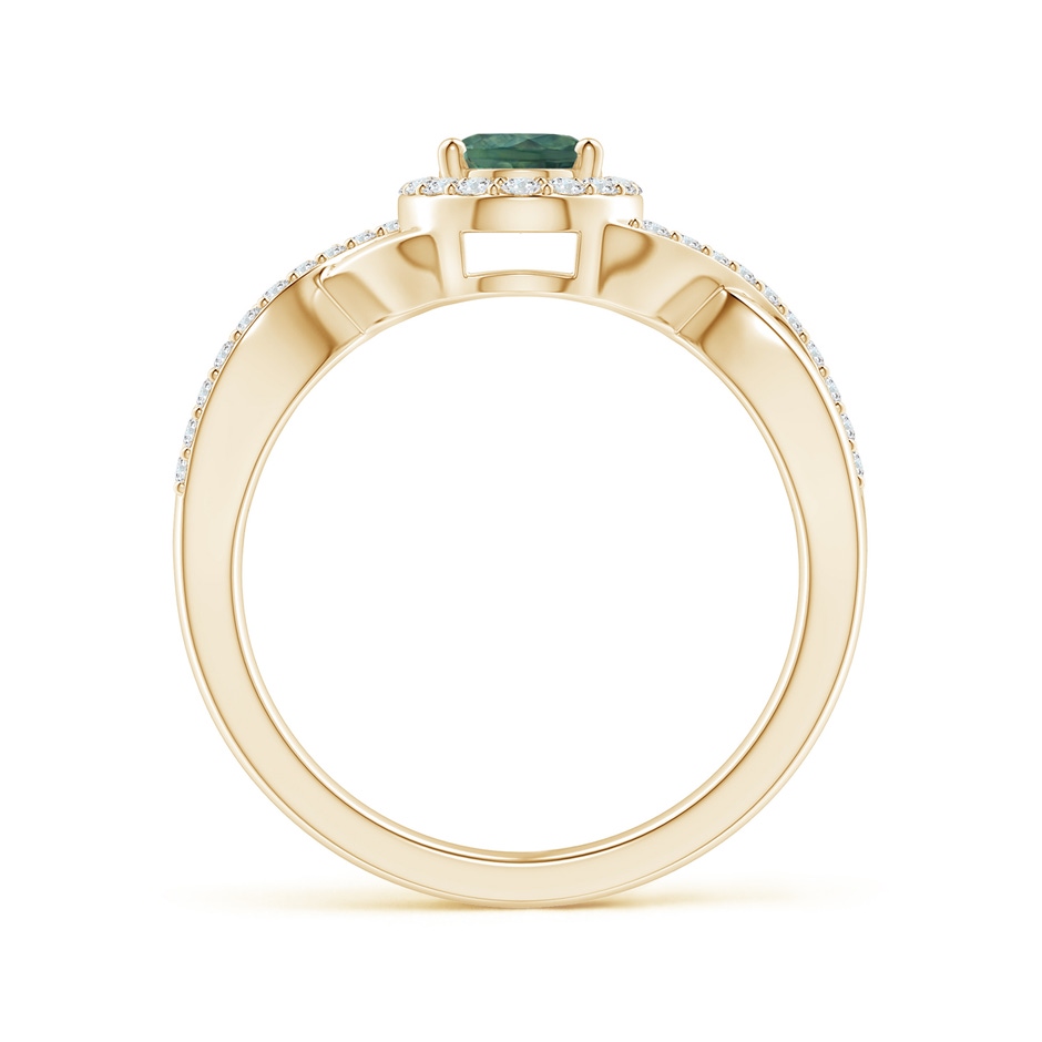 7x5mm AA Oval Teal Montana Sapphire Crossover Ring with Diamond Halo in Yellow Gold side 199