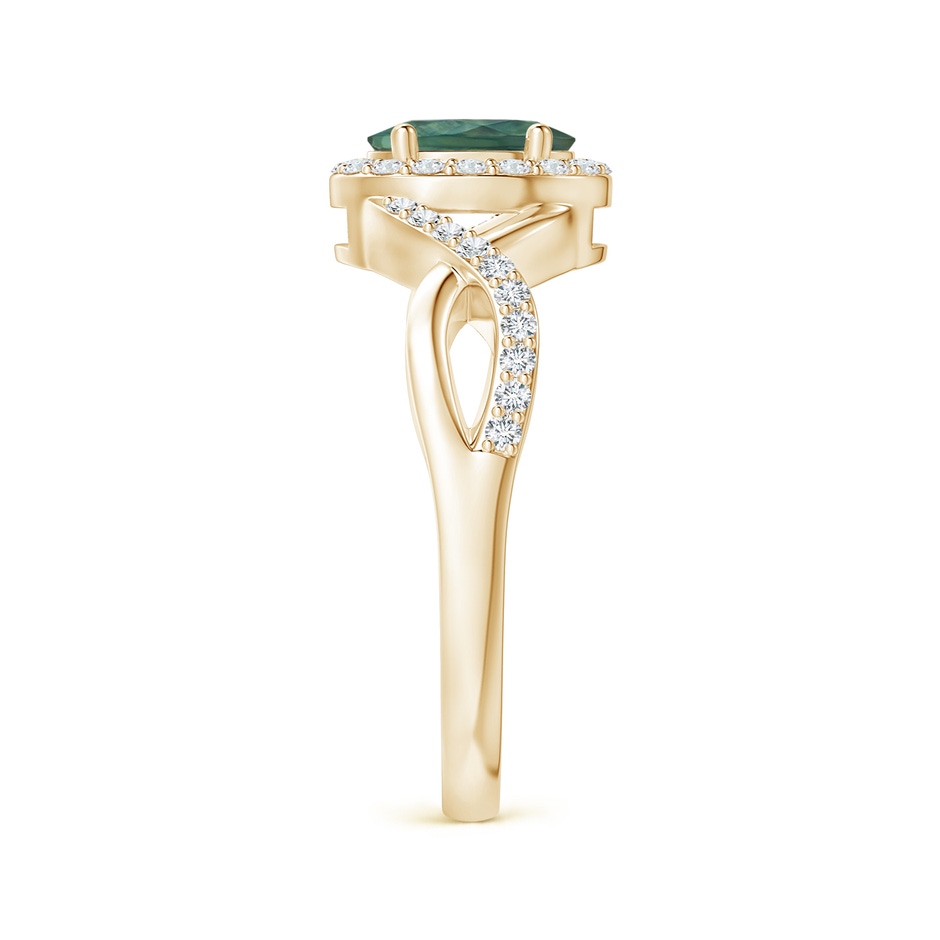 7x5mm AA Oval Teal Montana Sapphire Crossover Ring with Diamond Halo in Yellow Gold side 299