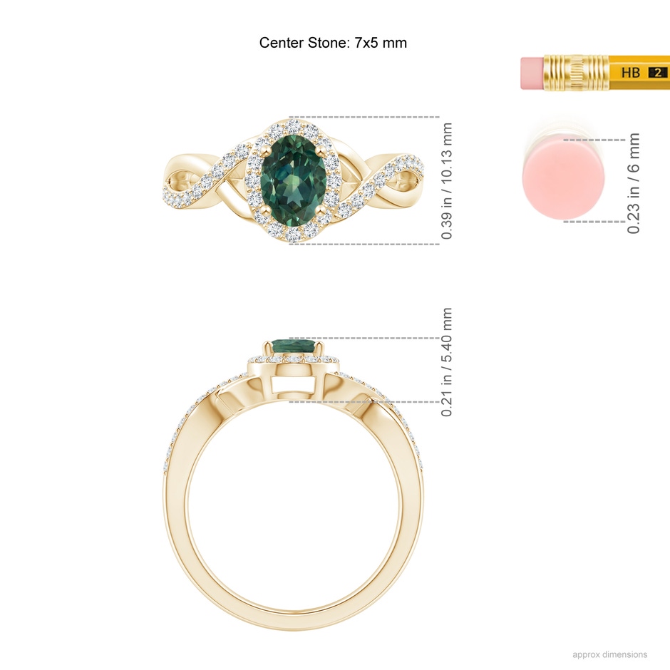 7x5mm AA Oval Teal Montana Sapphire Crossover Ring with Diamond Halo in Yellow Gold ruler