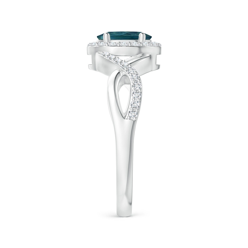 7x5mm AAA Oval Teal Montana Sapphire Crossover Ring with Diamond Halo in 18K White Gold side 299