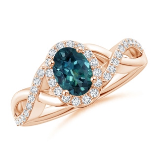 7x5mm AAA Oval Teal Montana Sapphire Crossover Ring with Diamond Halo in Rose Gold