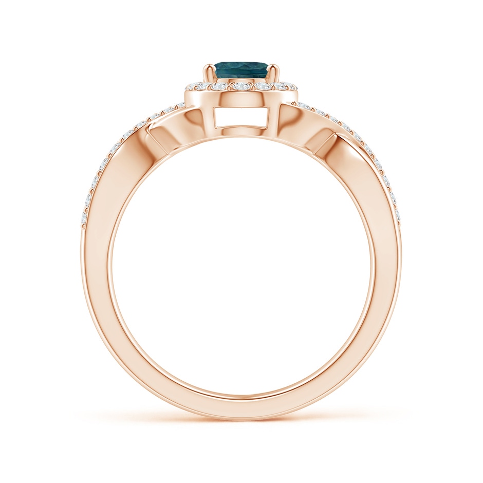 7x5mm AAA Oval Teal Montana Sapphire Crossover Ring with Diamond Halo in Rose Gold side 199