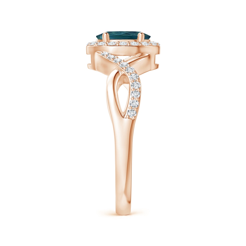 7x5mm AAA Oval Teal Montana Sapphire Crossover Ring with Diamond Halo in Rose Gold side 299
