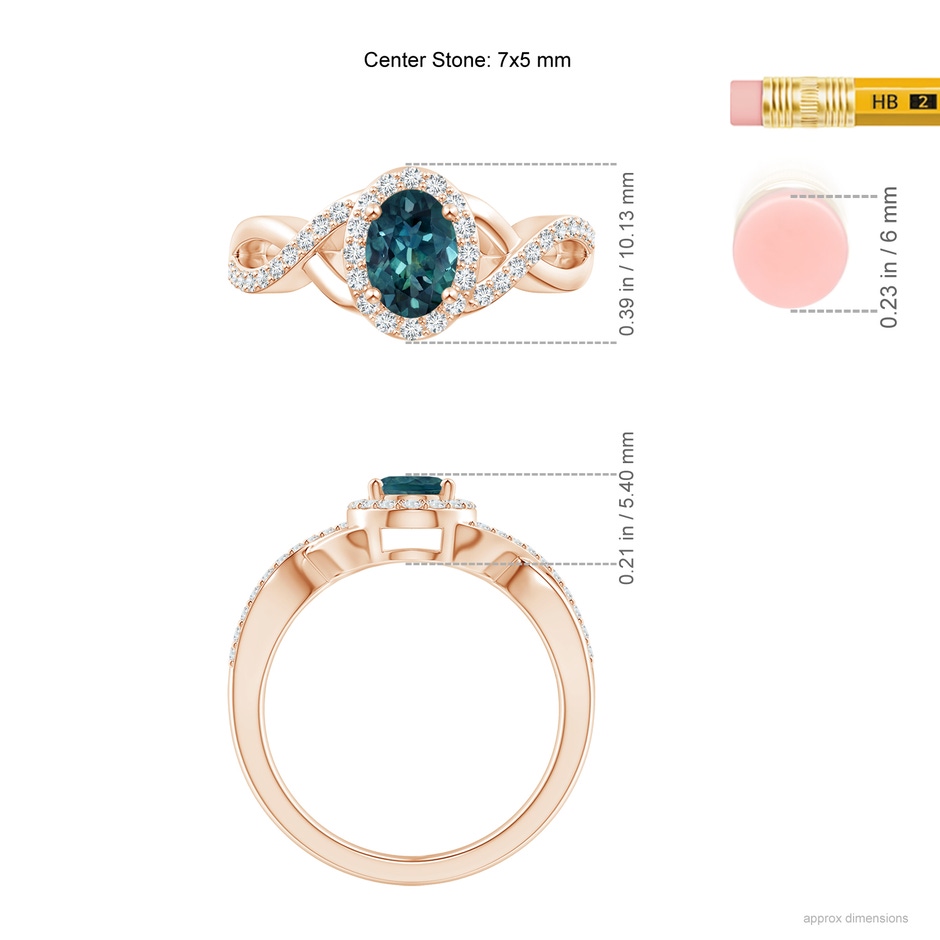 7x5mm AAA Oval Teal Montana Sapphire Crossover Ring with Diamond Halo in Rose Gold ruler
