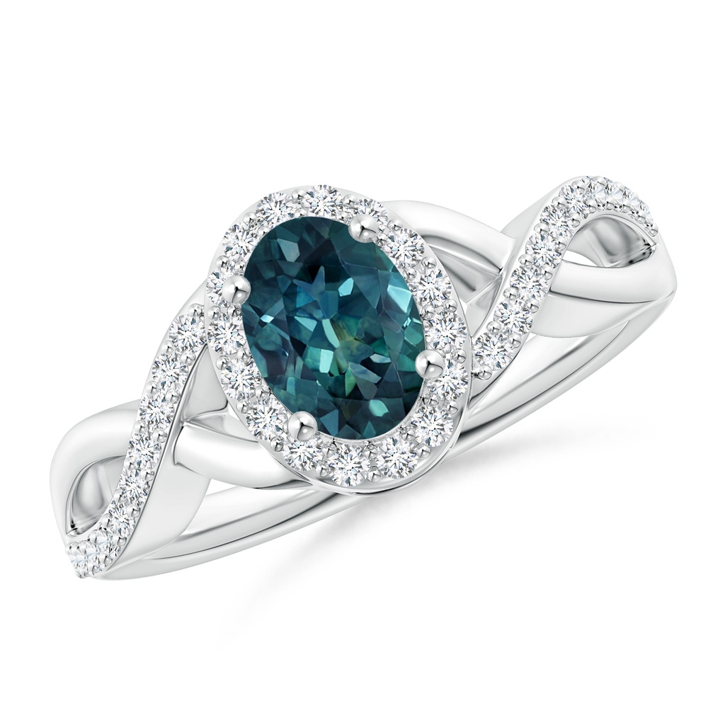 7x5mm AAA Oval Teal Montana Sapphire Crossover Ring with Diamond Halo in White Gold