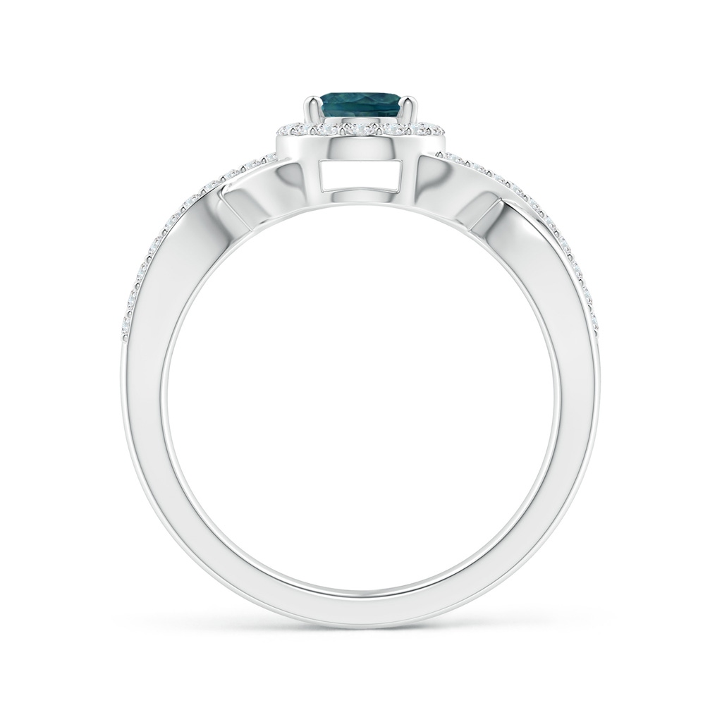 7x5mm AAA Oval Teal Montana Sapphire Crossover Ring with Diamond Halo in White Gold Side 1