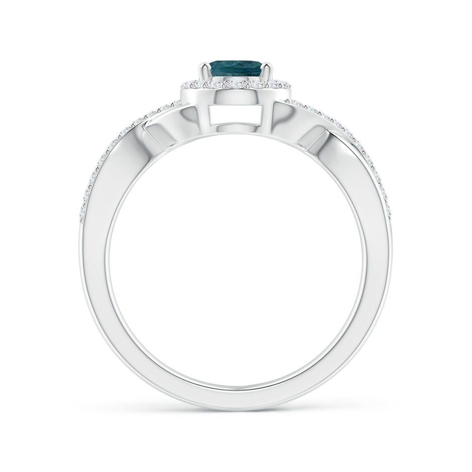 7x5mm AAA Oval Teal Montana Sapphire Crossover Ring with Diamond Halo in White Gold side 1