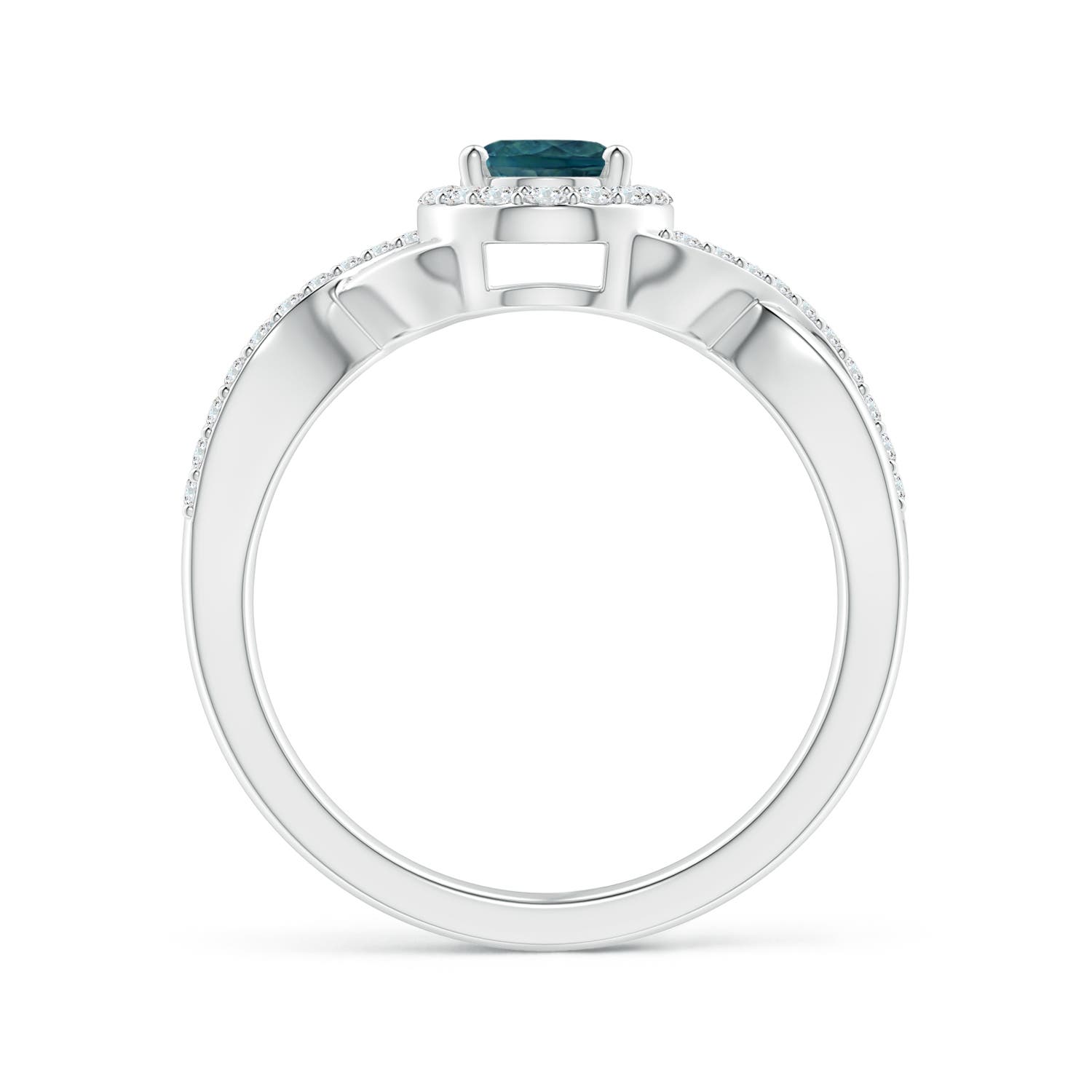 7x5mm AAA Oval Teal Montana Sapphire Crossover Ring with Diamond Halo in White Gold - side 2