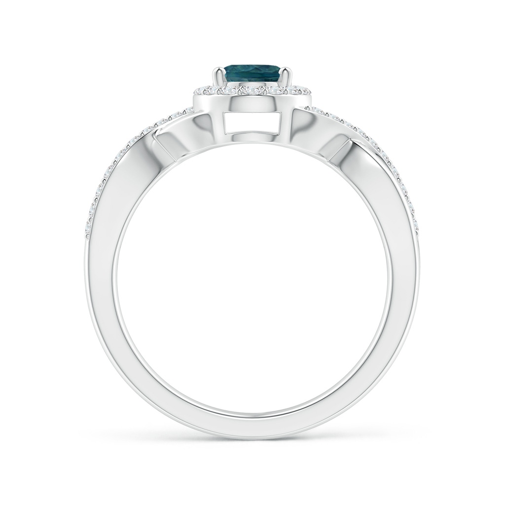 7x5mm AAA Oval Teal Montana Sapphire Crossover Ring with Diamond Halo in White Gold - side 199