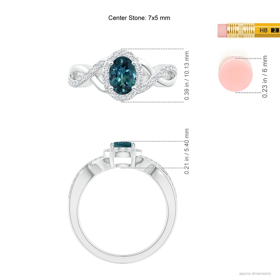 7x5mm AAA Oval Teal Montana Sapphire Crossover Ring with Diamond Halo in White Gold ruler