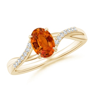 7x5mm AAAA Oval Orange Sapphire Split Shank Ring with Diamond Accents in Yellow Gold