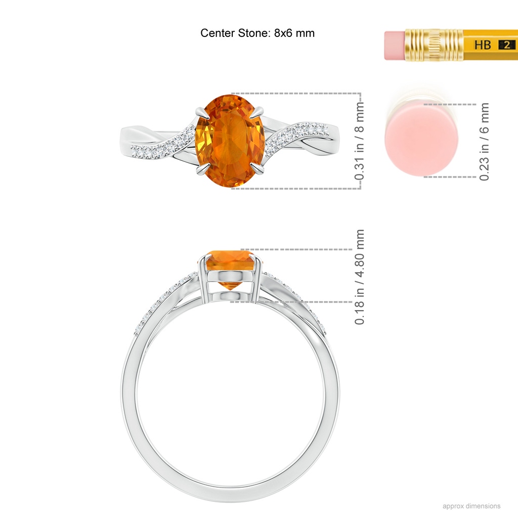 8x6mm AAA Oval Orange Sapphire Split Shank Ring with Diamond Accents in White Gold Ruler