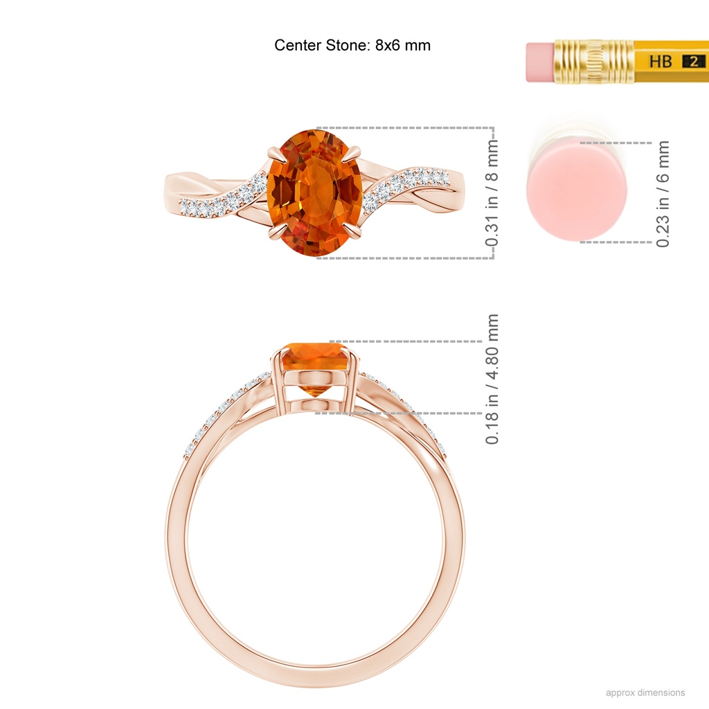 8x6mm AAAA Oval Orange Sapphire Split Shank Ring with Diamond Accents in Rose Gold Ruler