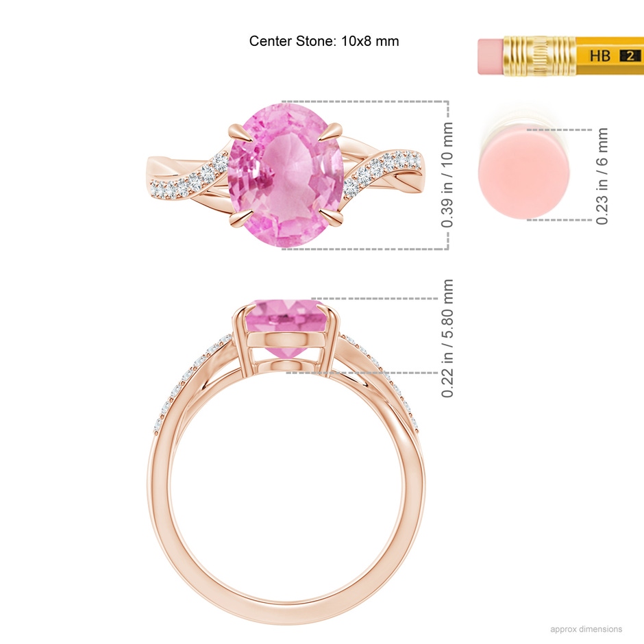 10x8mm A Oval Pink Sapphire Split Shank Ring with Diamond Accents in Rose Gold ruler