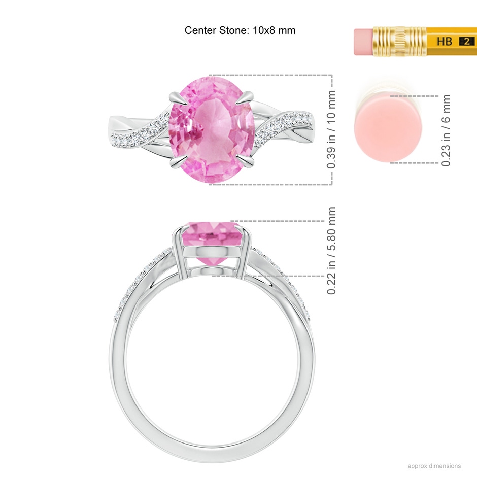 10x8mm A Oval Pink Sapphire Split Shank Ring with Diamond Accents in White Gold ruler