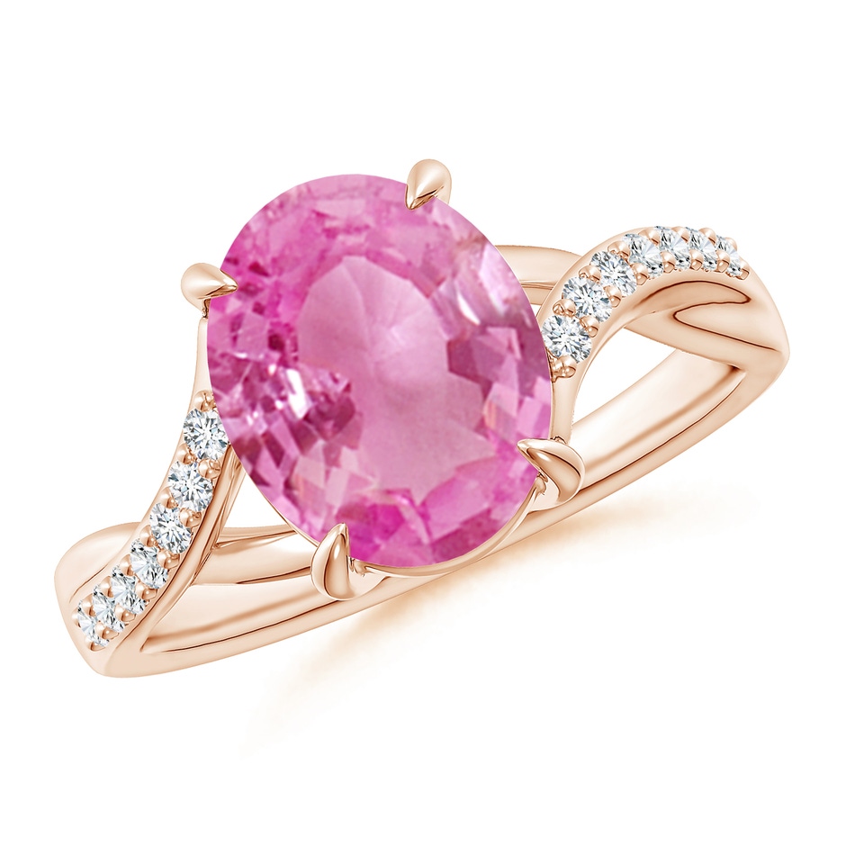 10x8mm AA Oval Pink Sapphire Split Shank Ring with Diamond Accents in Rose Gold 