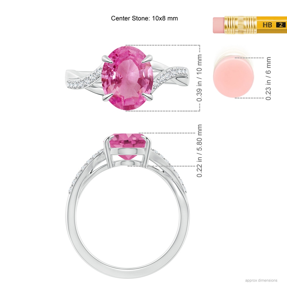10x8mm AAA Oval Pink Sapphire Split Shank Ring with Diamond Accents in P950 Platinum ruler