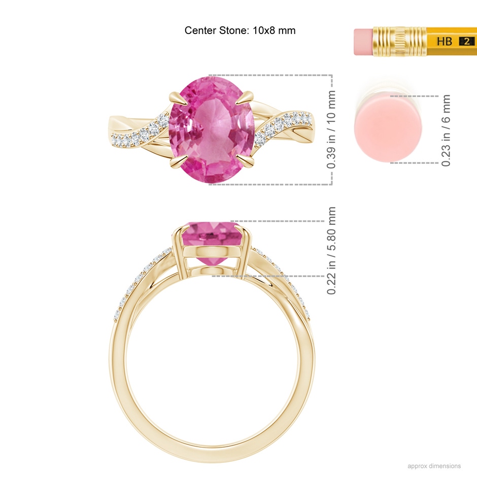 10x8mm AAA Oval Pink Sapphire Split Shank Ring with Diamond Accents in Yellow Gold ruler