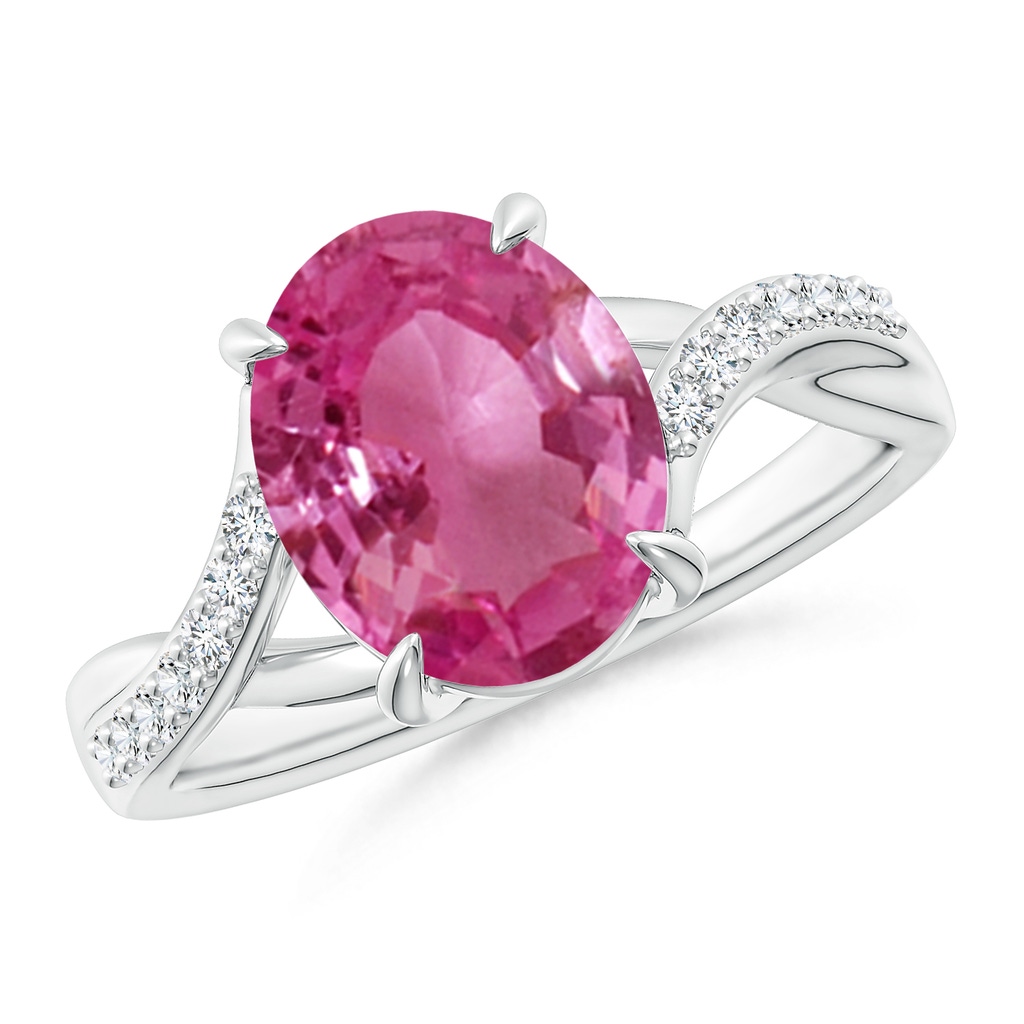 10x8mm AAAA Oval Pink Sapphire Split Shank Ring with Diamond Accents in P950 Platinum