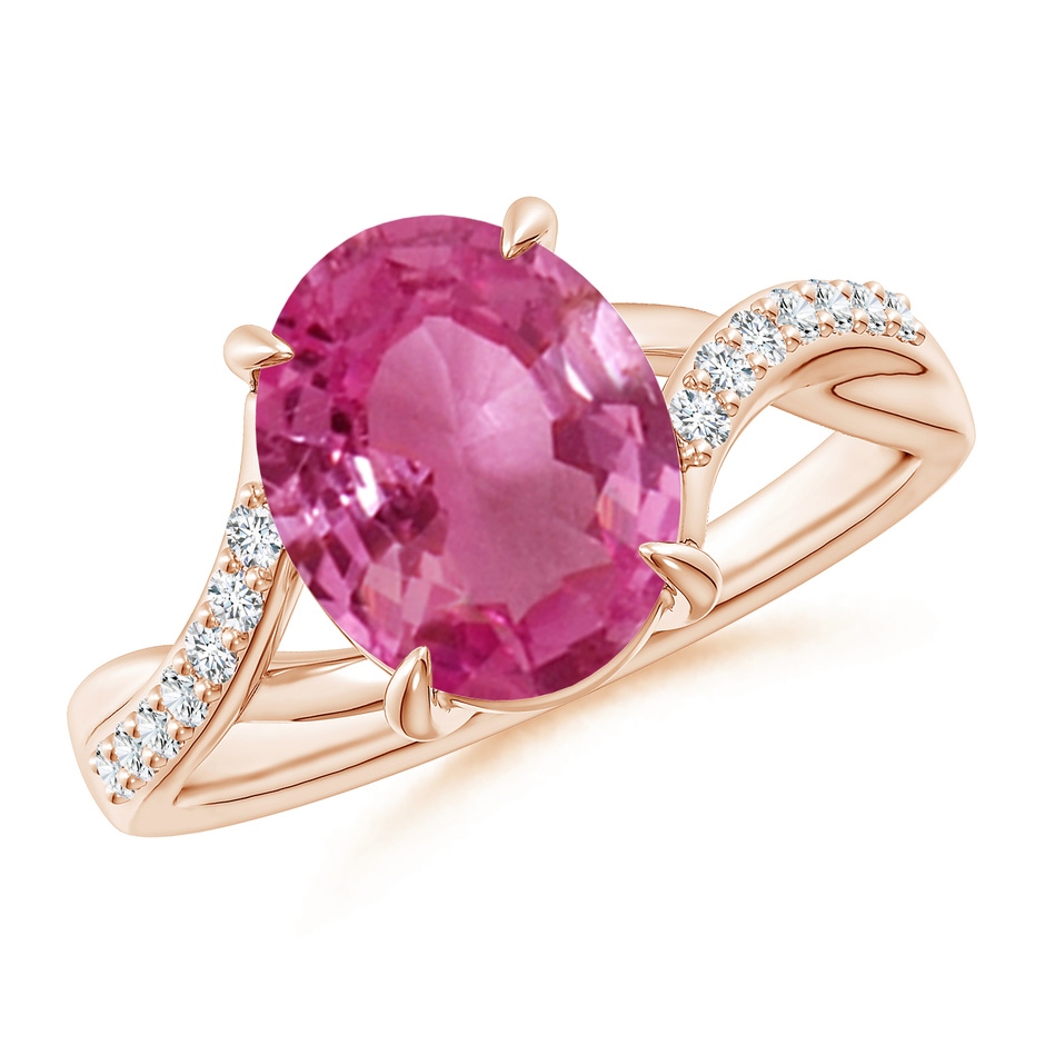 10x8mm AAAA Oval Pink Sapphire Split Shank Ring with Diamond Accents in Rose Gold 
