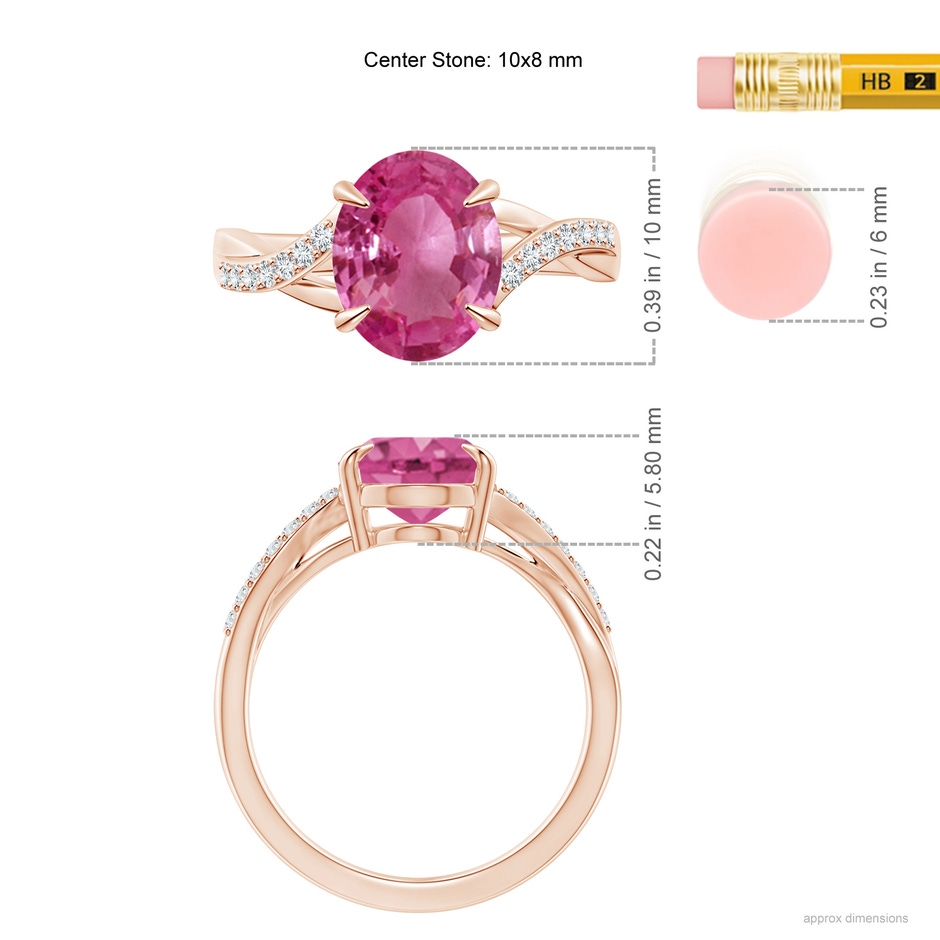 10x8mm AAAA Oval Pink Sapphire Split Shank Ring with Diamond Accents in Rose Gold ruler