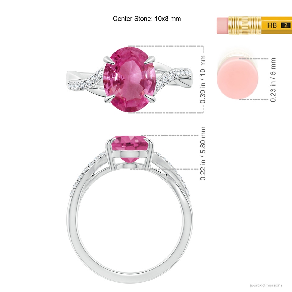 10x8mm AAAA Oval Pink Sapphire Split Shank Ring with Diamond Accents in White Gold ruler
