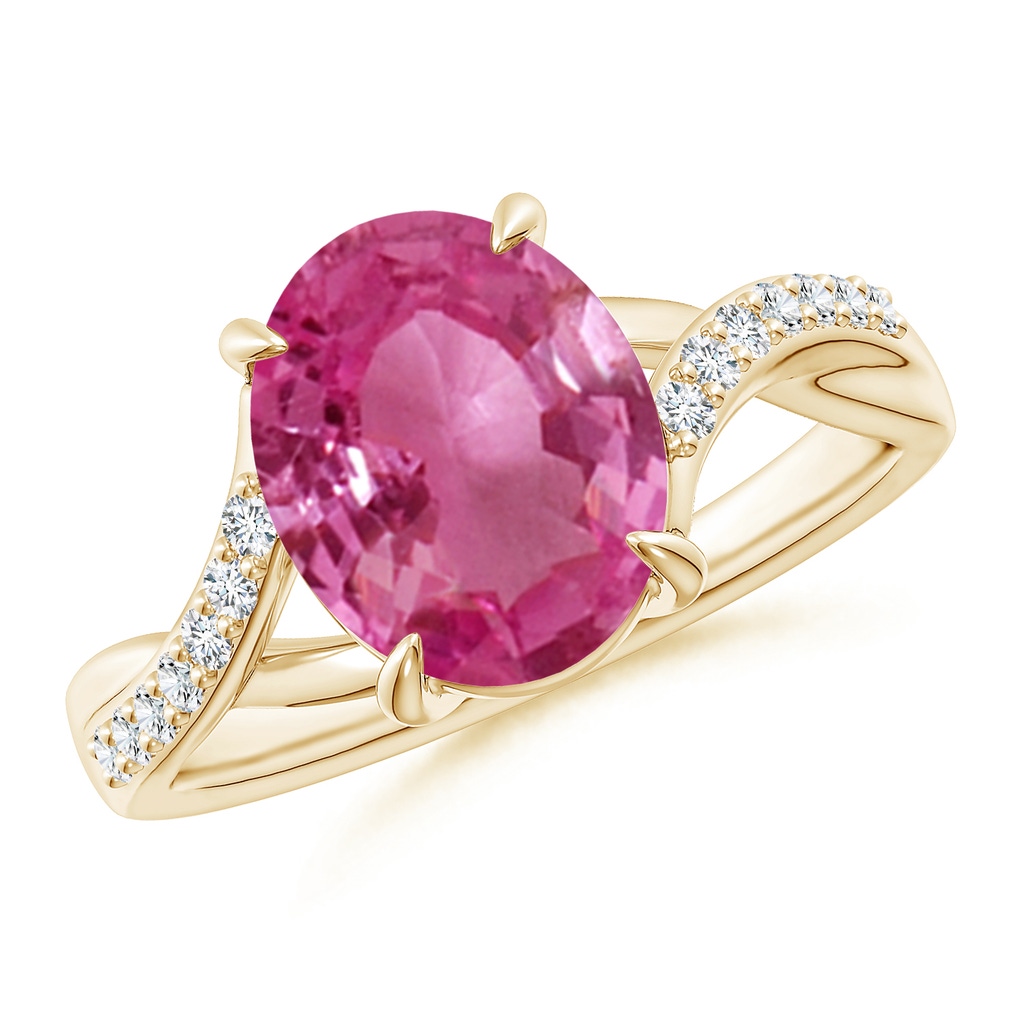 10x8mm AAAA Oval Pink Sapphire Split Shank Ring with Diamond Accents in Yellow Gold