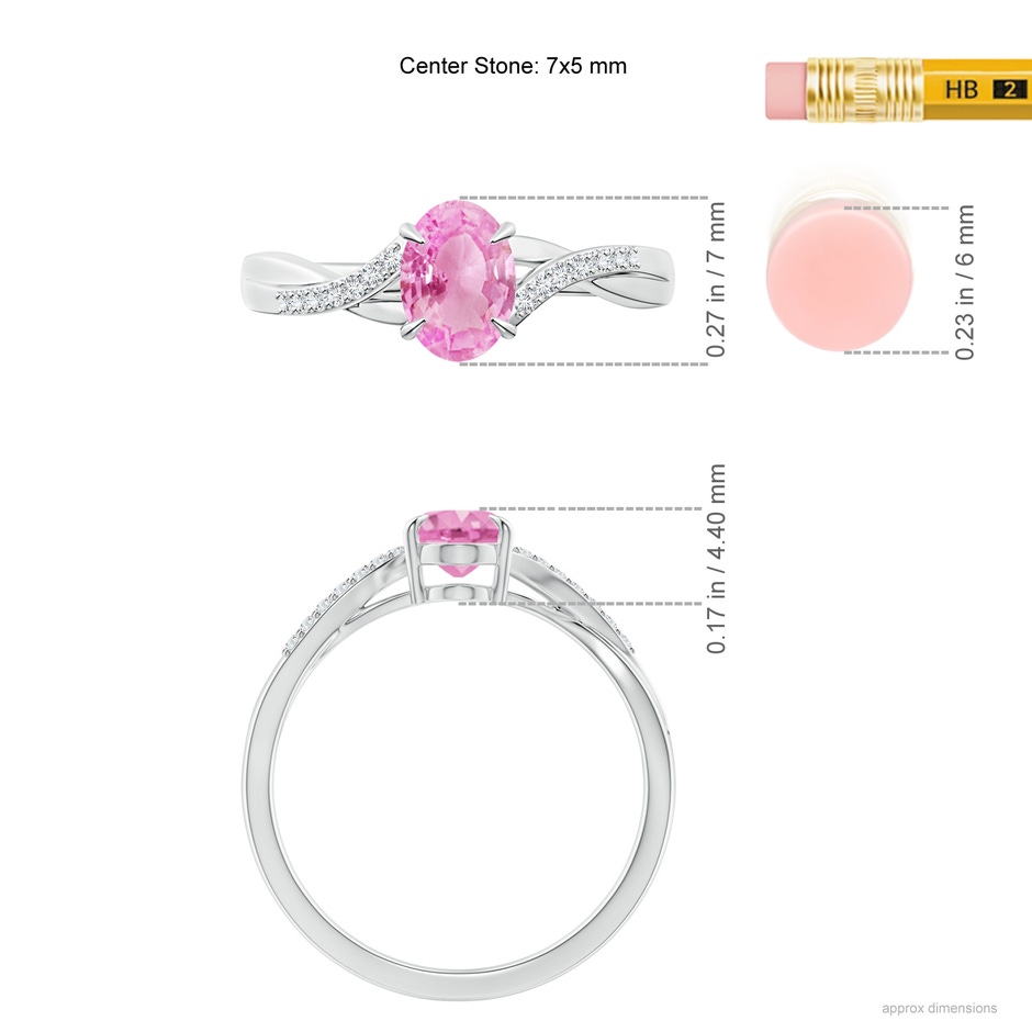 7x5mm A Oval Pink Sapphire Split Shank Ring with Diamond Accents in White Gold ruler