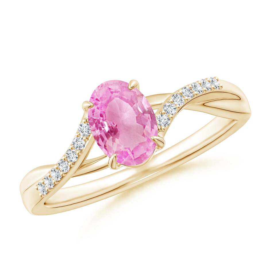 7x5mm A Oval Pink Sapphire Split Shank Ring with Diamond Accents in Yellow Gold 